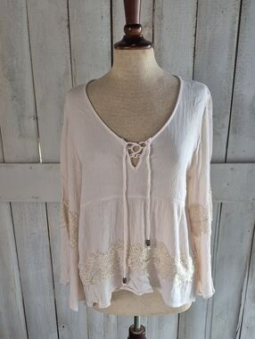 Women's Lace-Up Cream Boho Tunic Top